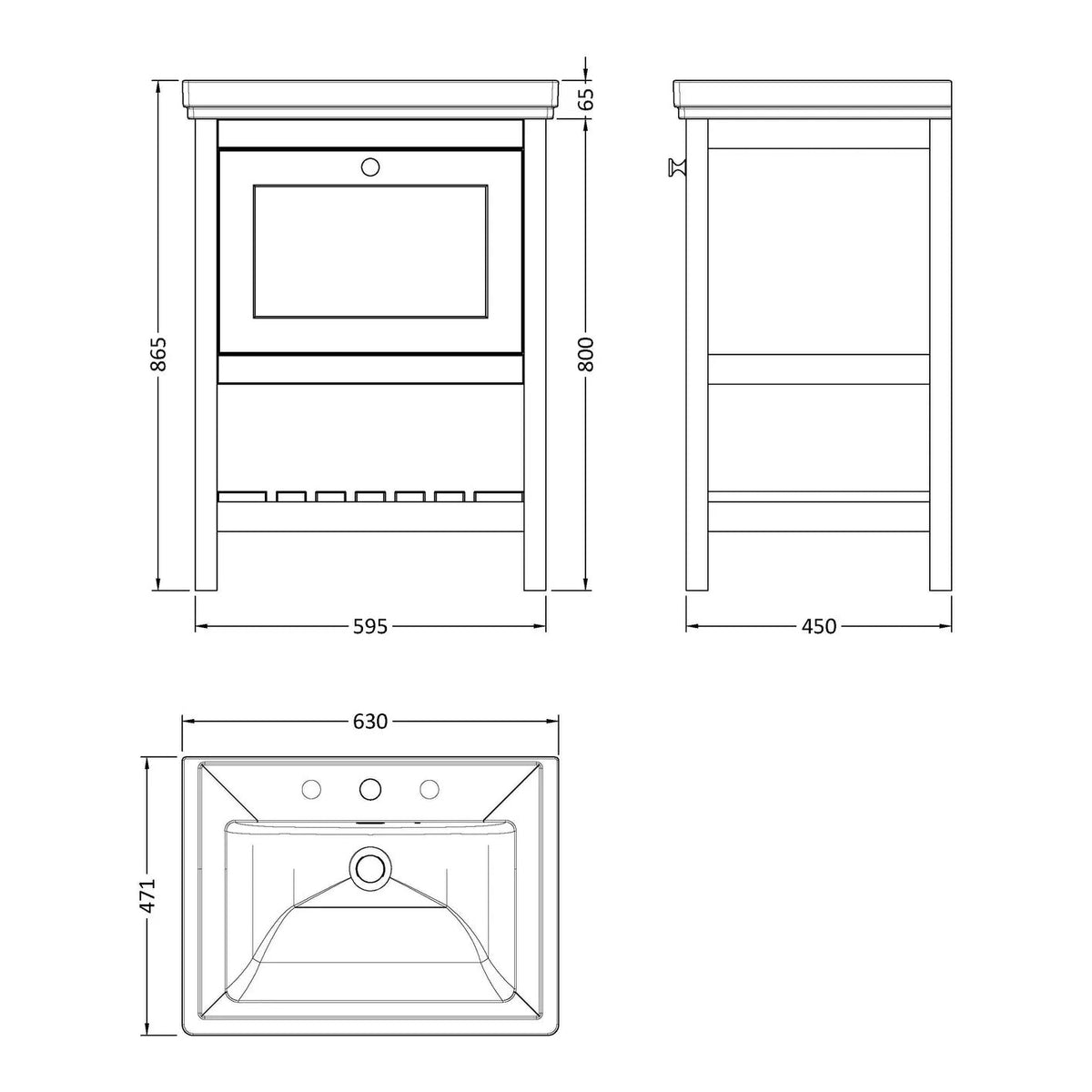 Fairford Juliette Satin White 600mm 1 Drawer Floorstanding Vanity Unit with 3 Tap Hole Basin