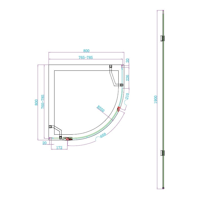 Fairford 8mm Frameless 800 x 800mm Chrome Quadrant Enclosure