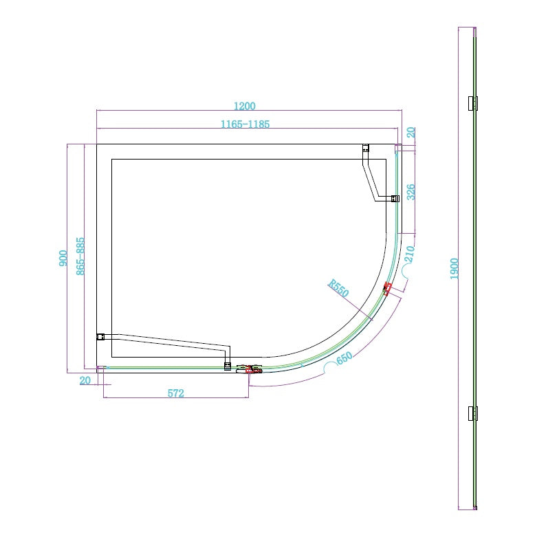 Fairford 8mm Frameless 1200 x 900mm Brushed Brass Offset Quadrant Enclosure