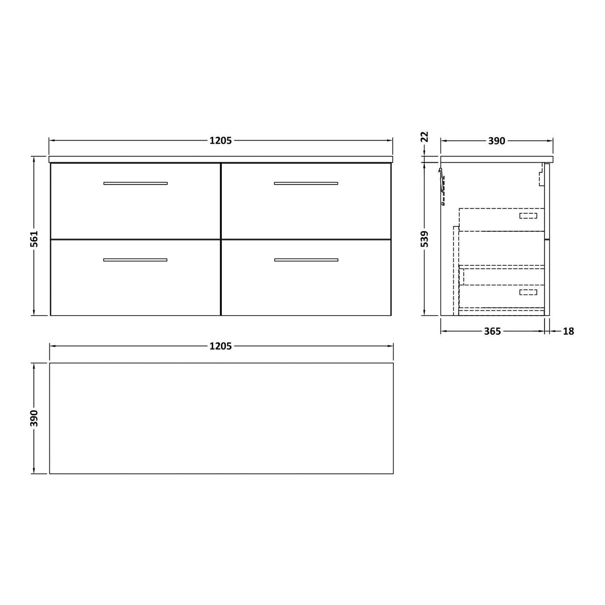 Fairford Aspri Black Woodgrain 1200mm 4 Drawer Wall Hung Vanity Unit with Worktop