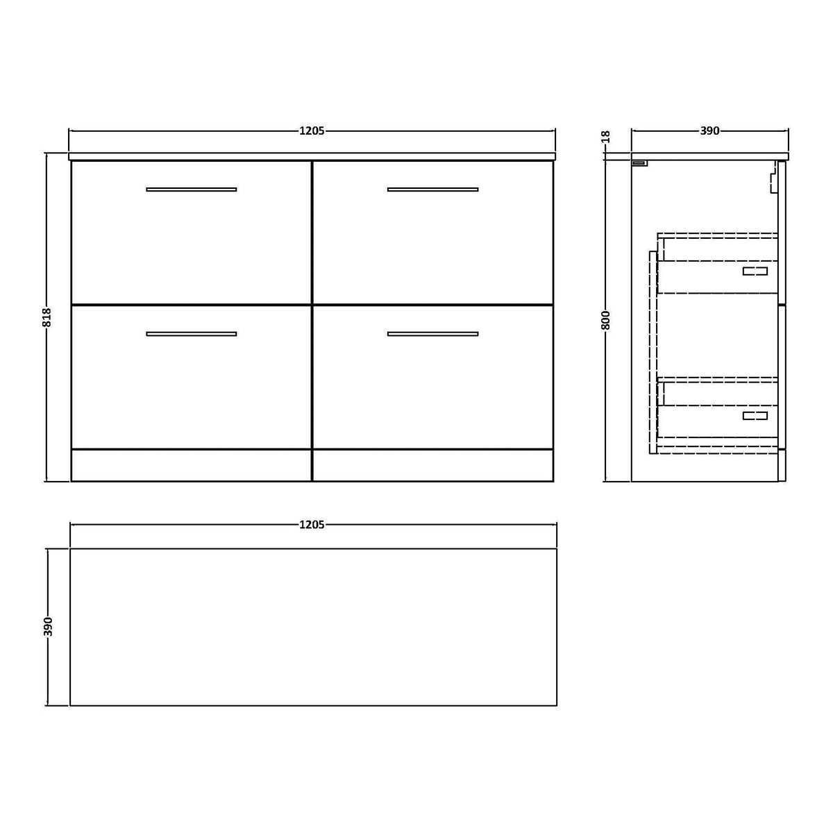 Fairford Aspri Grey Woodgrain 1200mm 4 Drawer Wall Hung Vanity Unit with Worktop