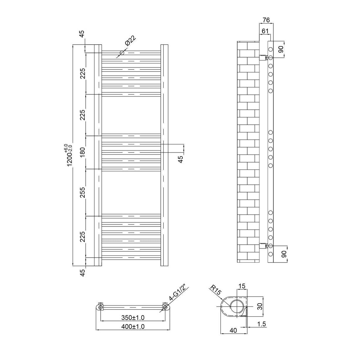 Fairford Metis 1200 x 400mm Gunmetal Towel Rail