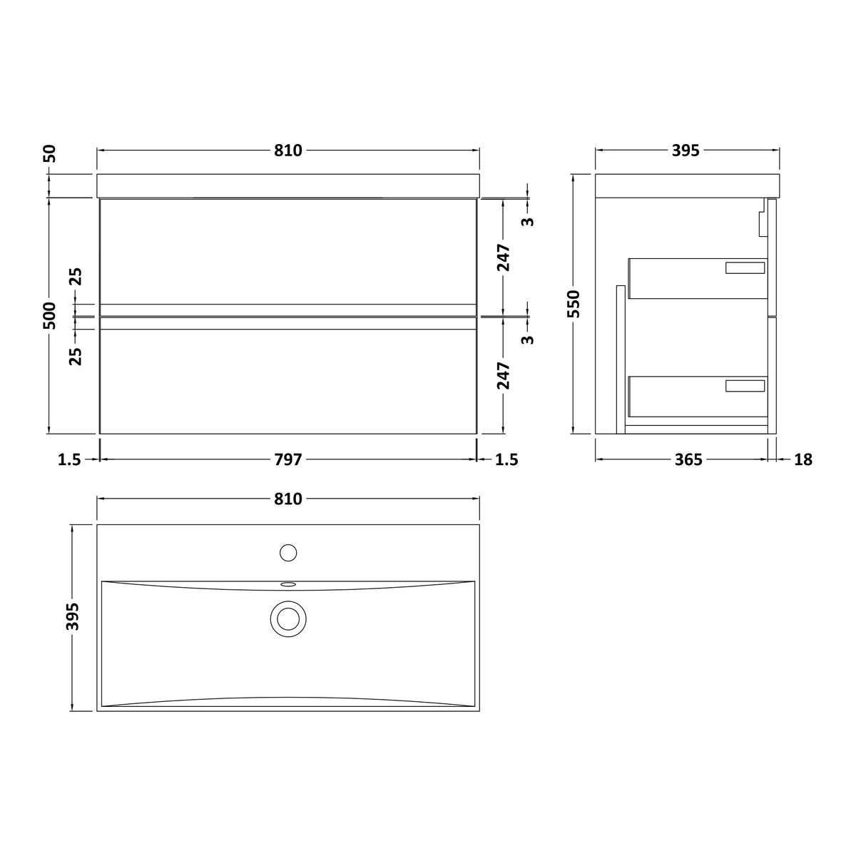 Fairford Finesse Soft Black 800mm 2 Drawer Wall Hung Vanity Unit