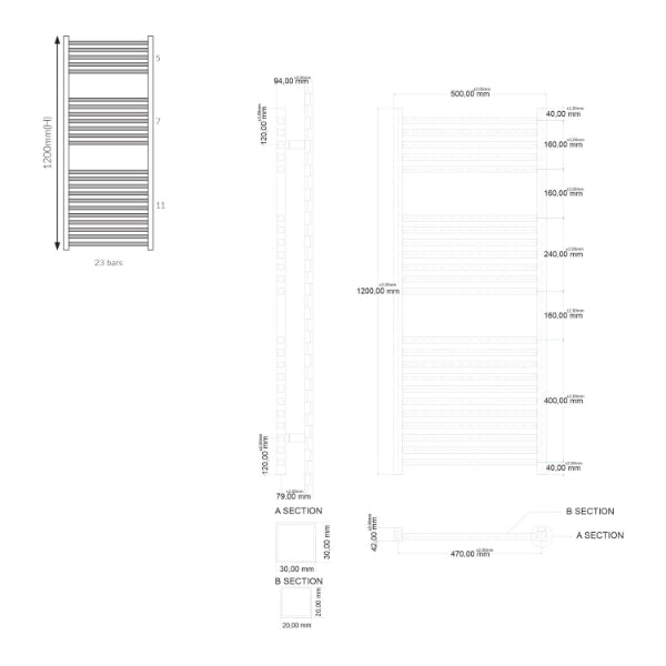 Fairford Simona Designer Towel Rail - 1200mm X 500mm - Chrome
