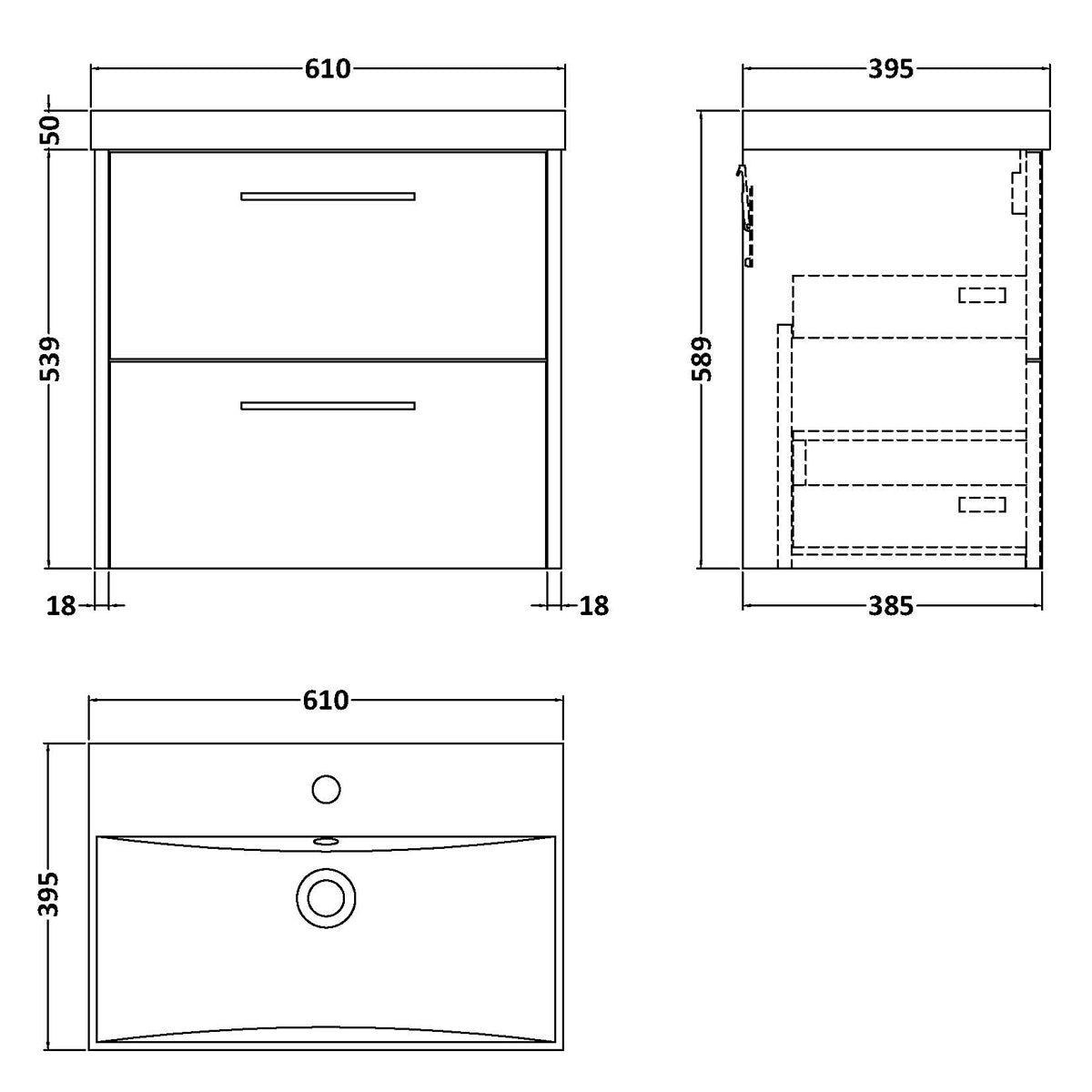 Fairford Anika 600mm Matt Grey 2 Drawer Wall Hung Vanity Unit