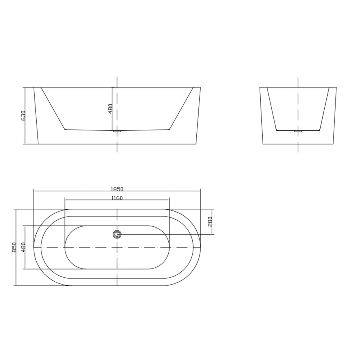 Rivato Luca 1850mm x 850mm x 630mm Gloss White Freestanding Shower Bath