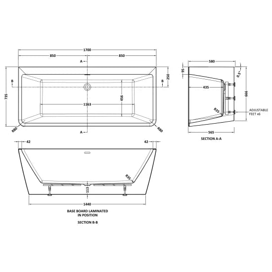 Fairford Torino 1700 x 735 x 580mm Freestanding Bath