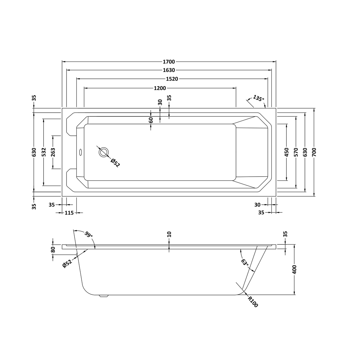 Fairford Hexam Single Ended Traditional Straight Bath-1700 x 700mm