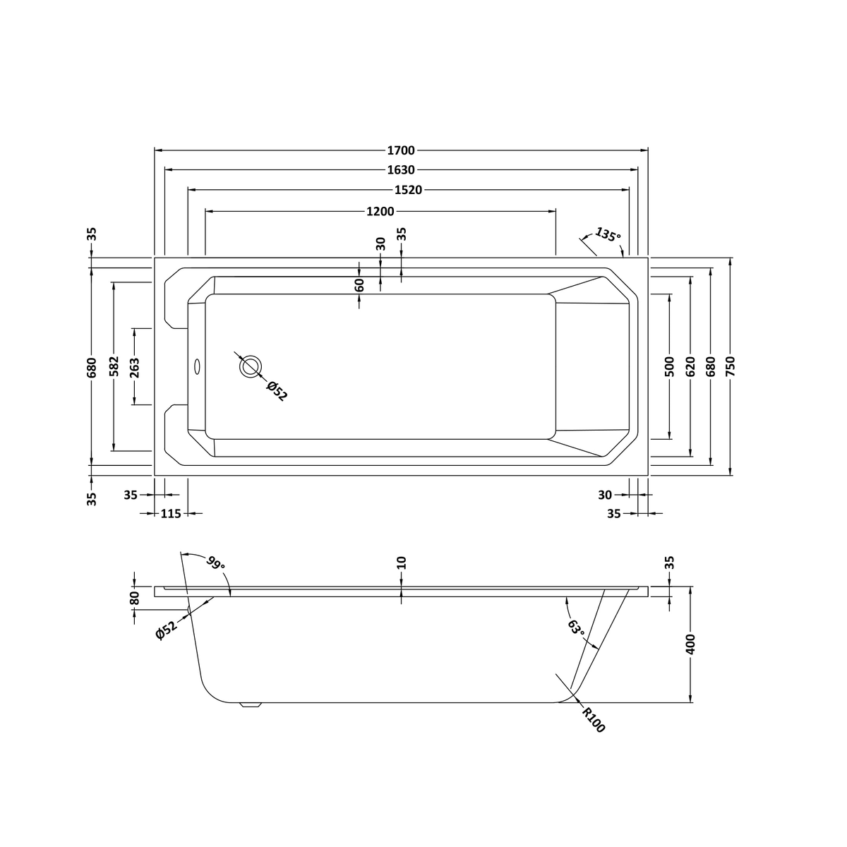 Fairford Hexam Single Ended Traditional Straight Bath-1700 x 750mm