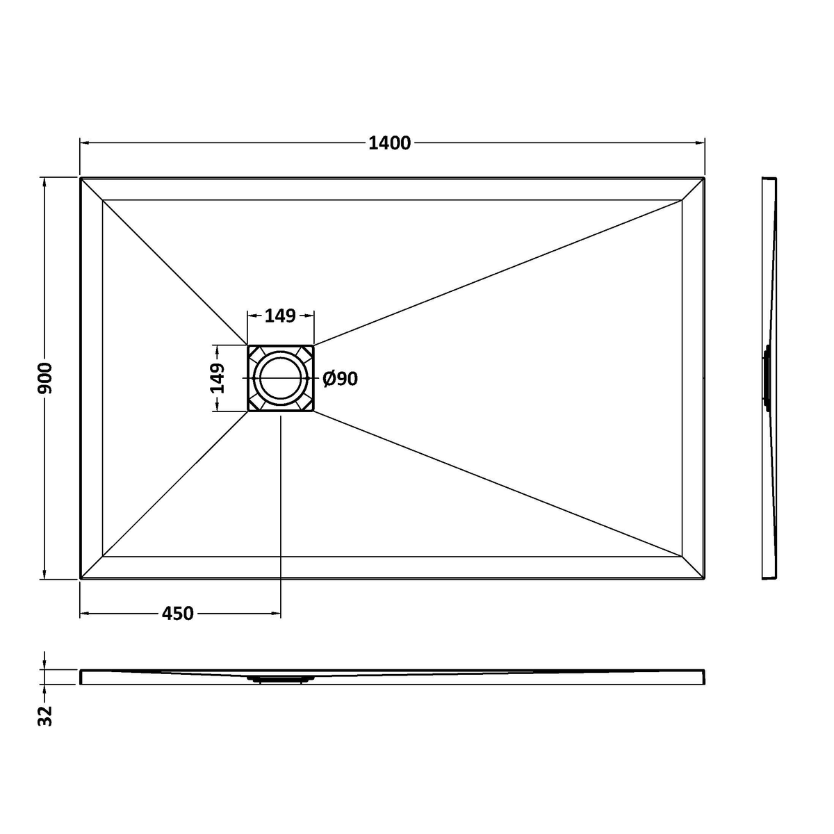 Fairford Rectangular White Slate Shower Tray, Center Waste-1400mm x 900mm