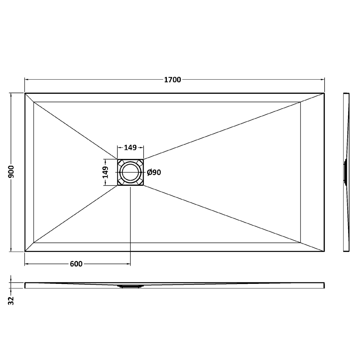 Fairford Rectangular White Slate Shower Tray, Center Waste-1700mm x 800mm
