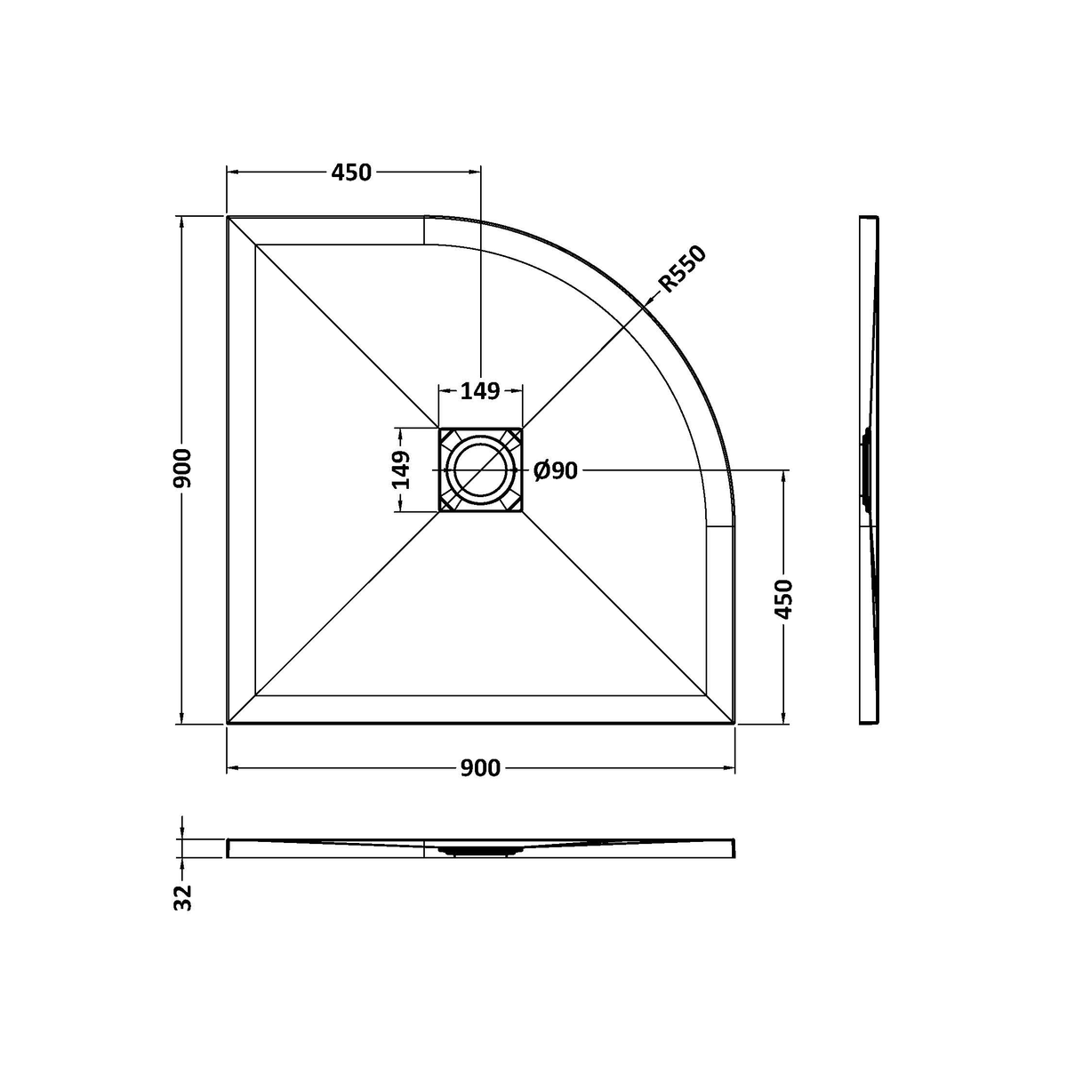 Fairford Quadrant White Slate Shower Tray, Center Waste-900mm x 900mm