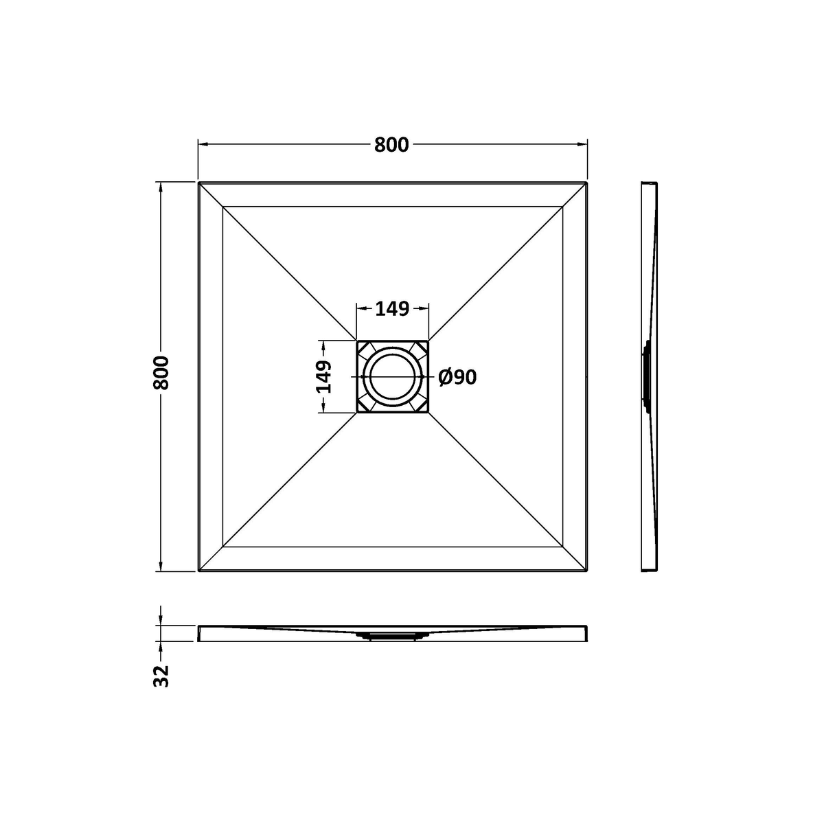 Fairford Square Grey Slate Shower Tray, Center Waste-800mm x 800mm