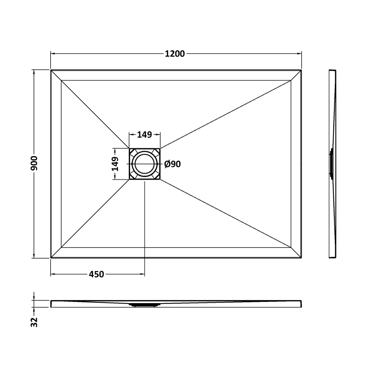 Fairford Rectangular Grey Slate Shower Tray, Center Waste-1200mm x 900mm