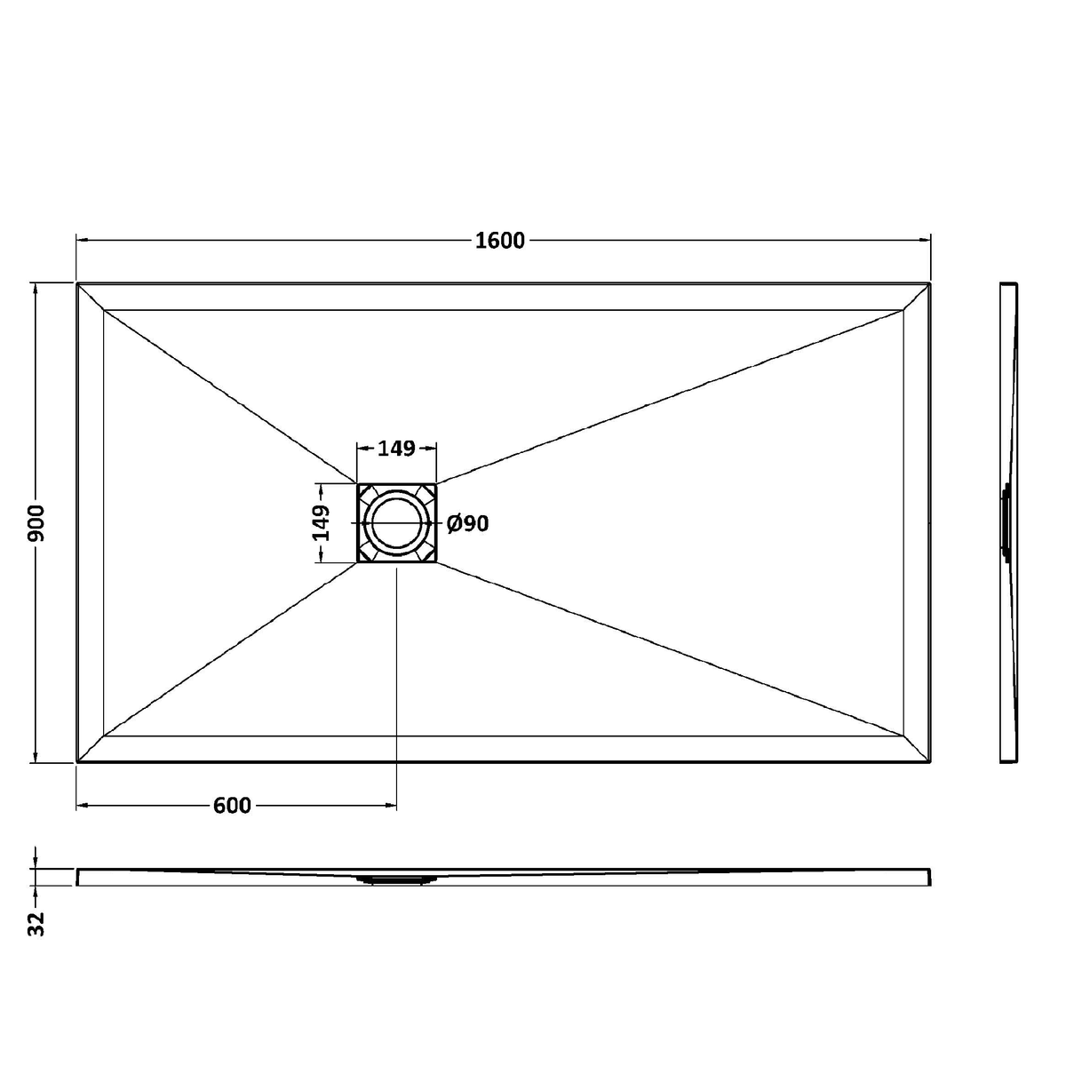 Fairford Rectangular Grey Slate Shower Tray, Center Waste-1600mm x 800mm
