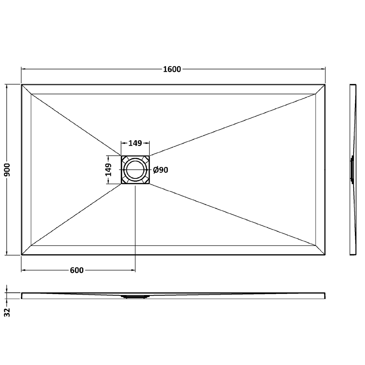 Fairford Rectangular Grey Slate Shower Tray, Center Waste-1600mm x 900mm