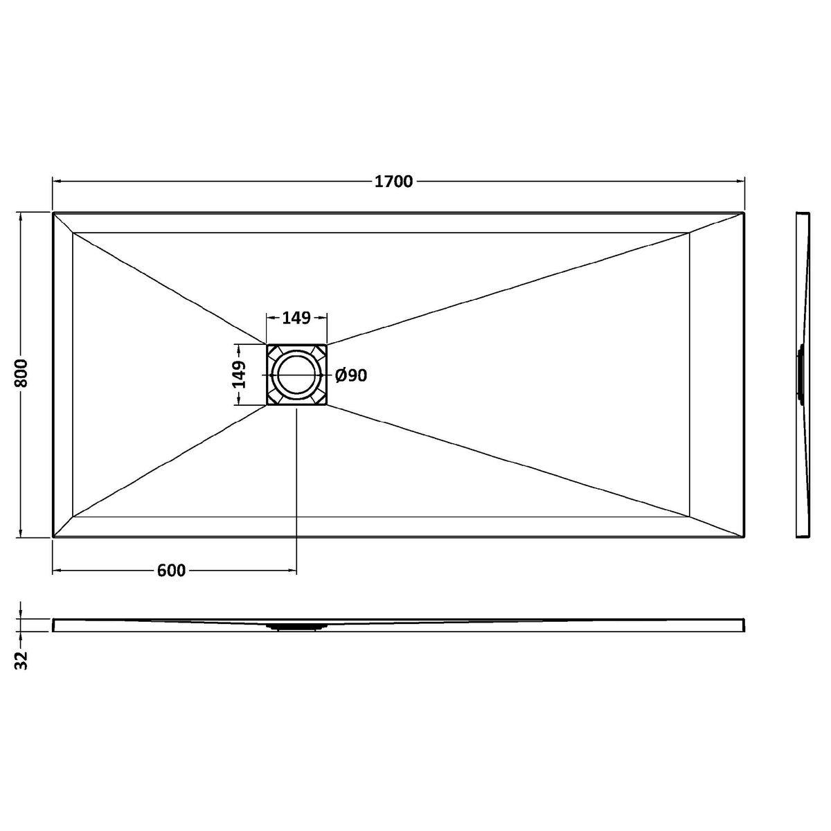 Fairford Rectangular Grey Slate Shower Tray, Center Waste-1700mm x 800mm