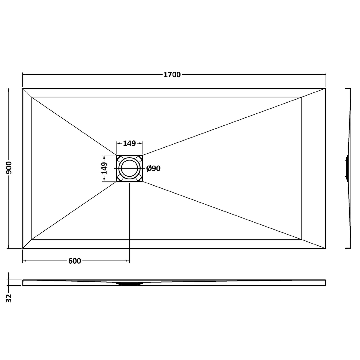 Fairford Rectangular Grey Slate Shower Tray, Center Waste-1700mm x 900mm