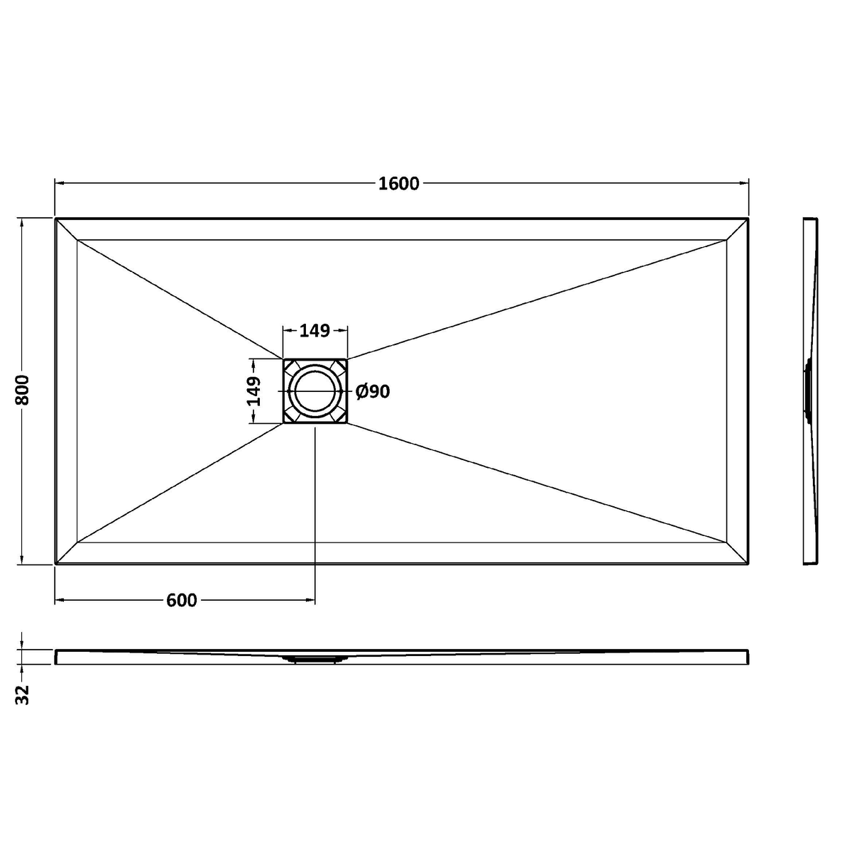 Fairford Rectangular Black Slate Shower Tray, Center Waste-1600mm x 800mm