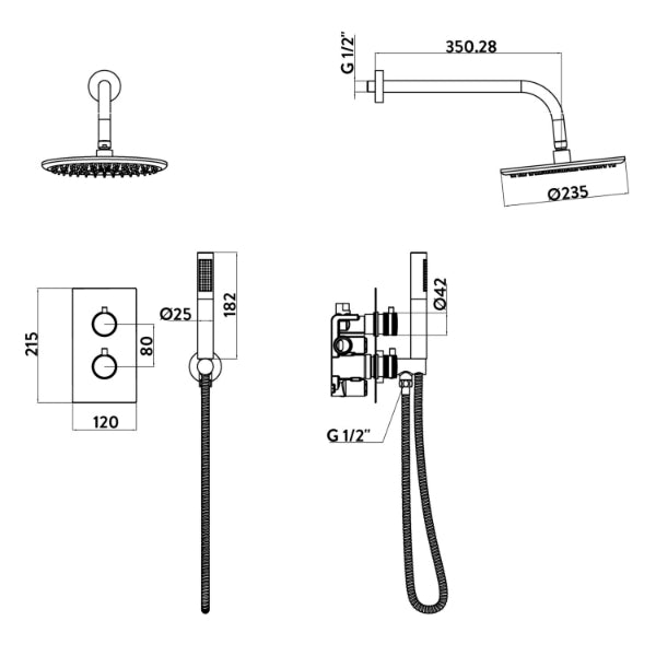 Fairford Element 7 Matt Black Concealed Shower Kit with Overhead, Handset and Bracket