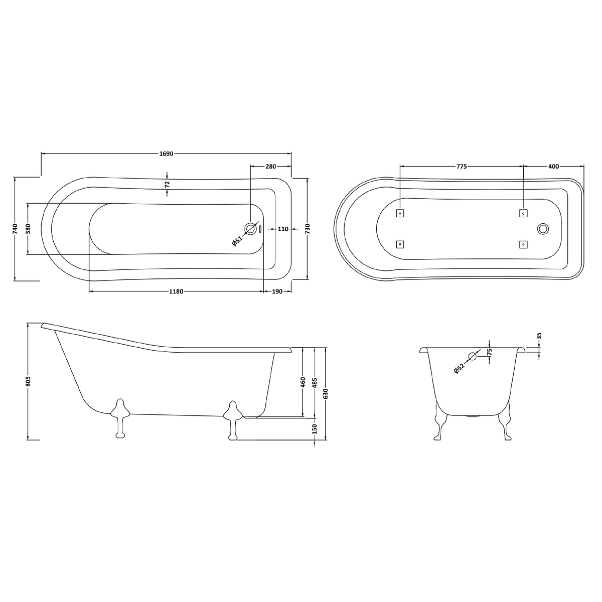 Fairford Portchester 1700mm Freestanding Baths - Various Feet Options-Pride Feet