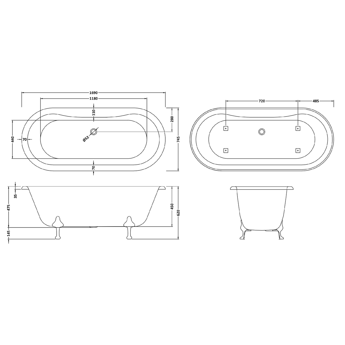 Fairford Bolsover 1700mm Freestanding Baths - Various Feet Options-Pride Feet