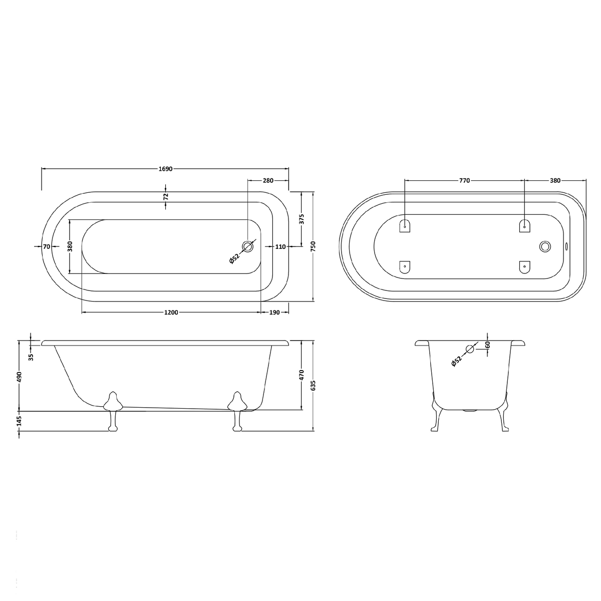 Fairford Kenilworth 1700mm Freestanding Baths - Various Feet Options-Pride Feet