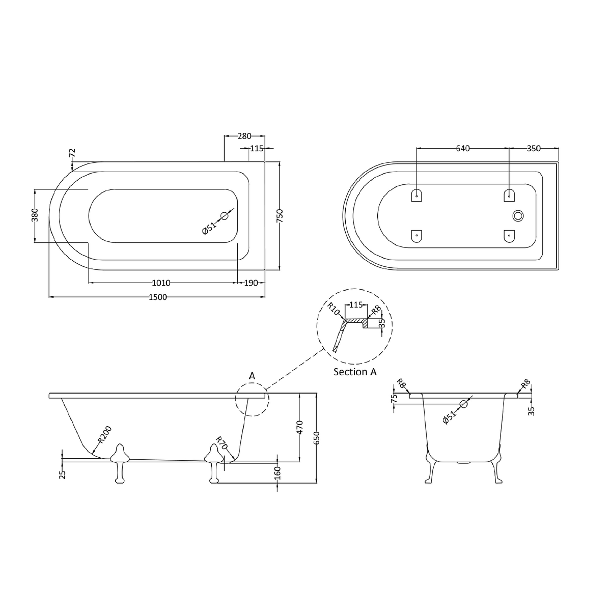 Fairford Middleham 1500mm Freestanding Baths - Various Feet Options-Deacon Feet
