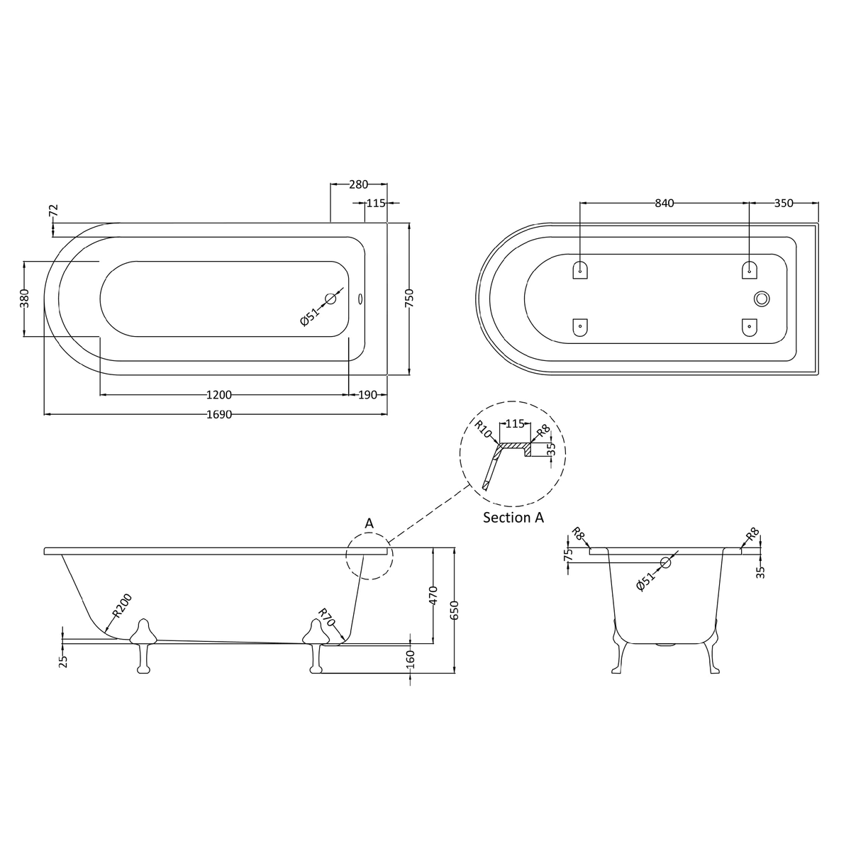 Fairford Middleham 1700mm Freestanding Baths - Various Feet Options-Pride Feet