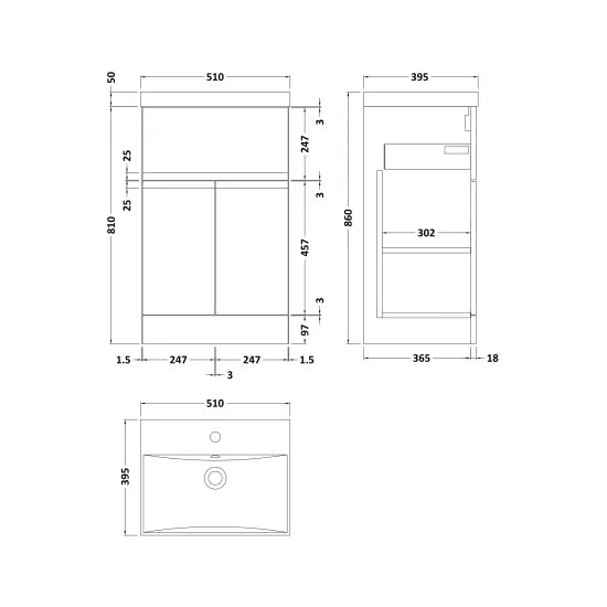 Fairford Finesse 500mm Soft Black Floorstanding 2-Door/Drawer Vanity Unit