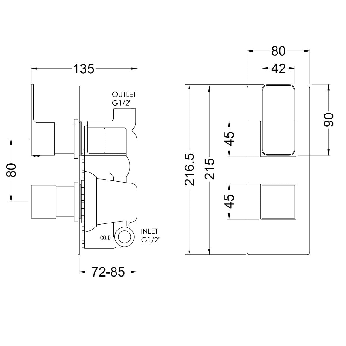 Fairford Una Grace Chrome Square Concealed Twin Shower Valve, 1 Outlet
