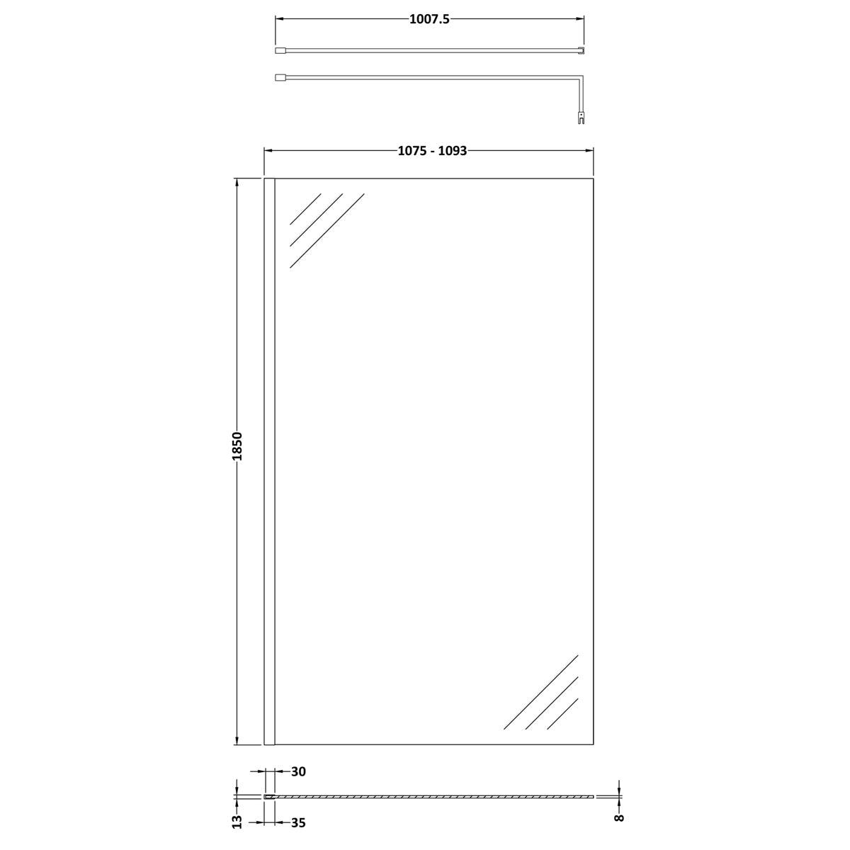 Fairford 1100mm Brushed Brass 8mm Wetroom Screen - 1850mm High