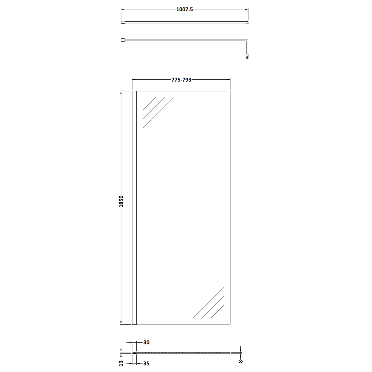 Fairford 800mm Matt Black 8mm Wetroom Screen - 1850mm High