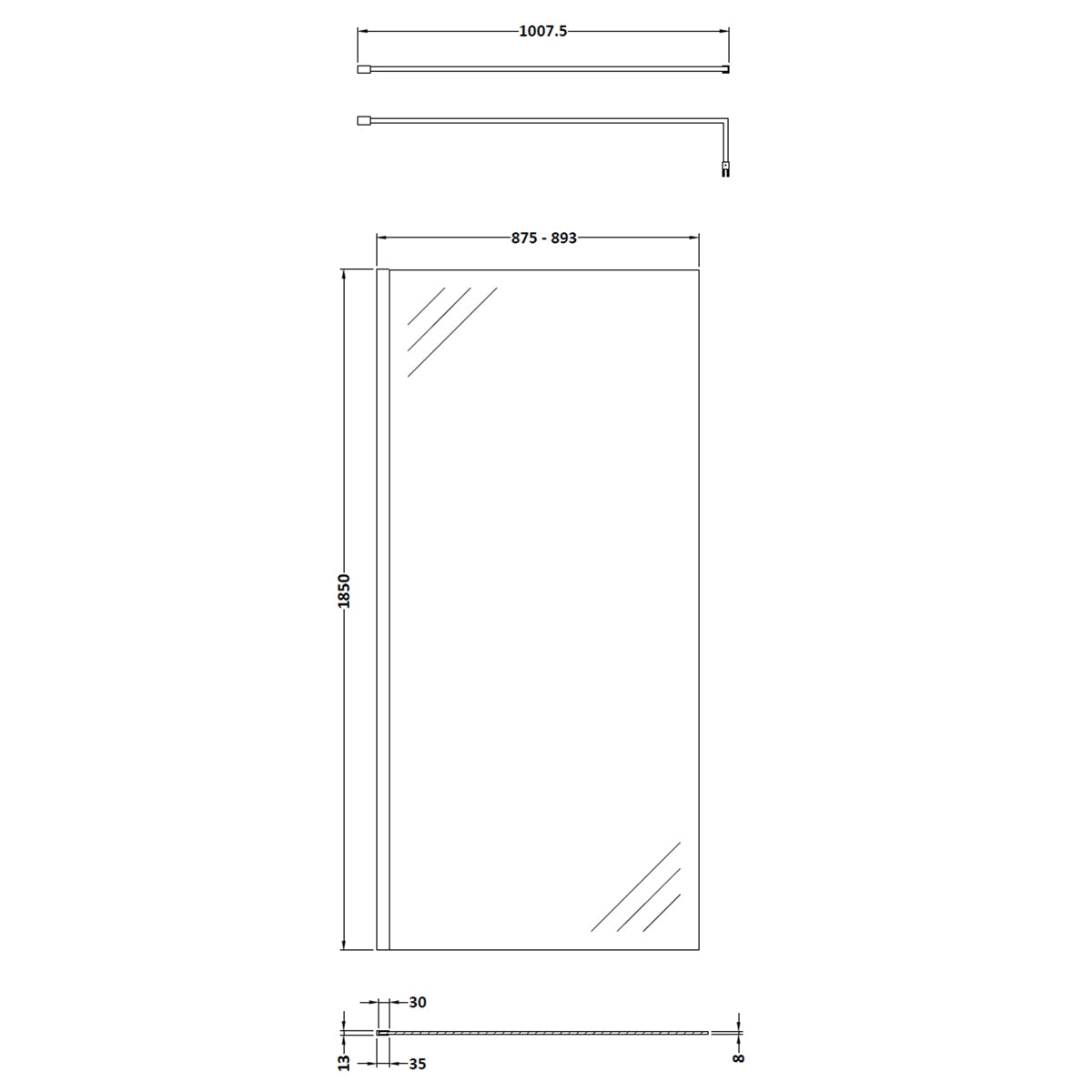 Fairford 900mm Matt Black 8mm Wetroom Screen - 1850mm High