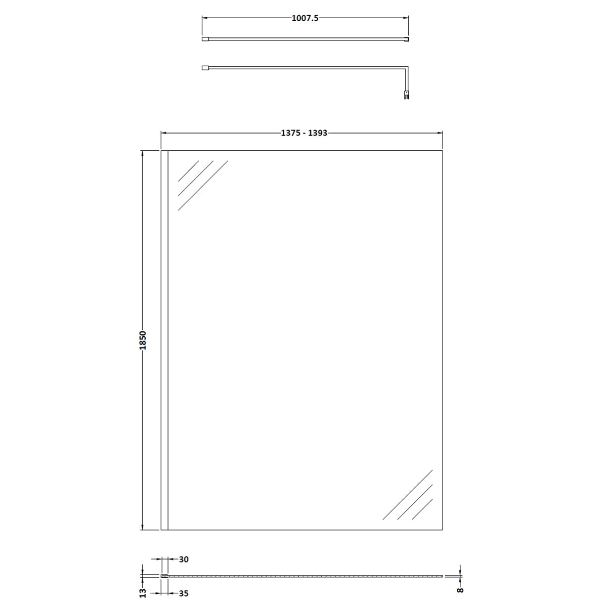 Fairford 1400mm Matt Black 8mm Wetroom Screen - 1850mm High