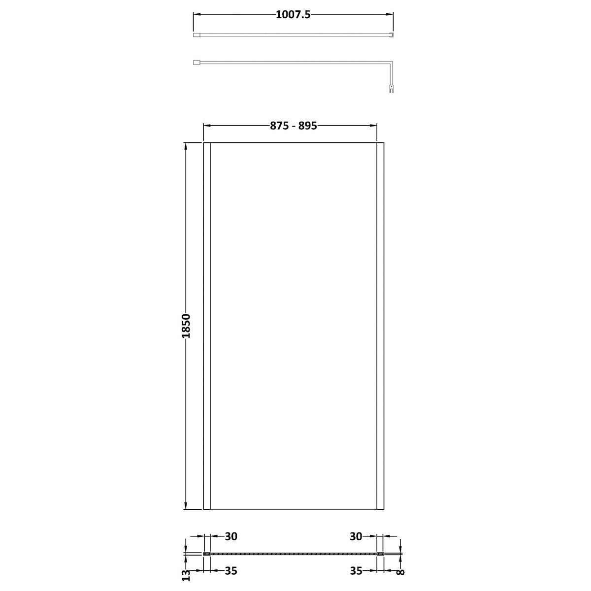 Fairford 900mm Matt Black Vertically Framed 8mm Wetroom Screen - 1850mm High