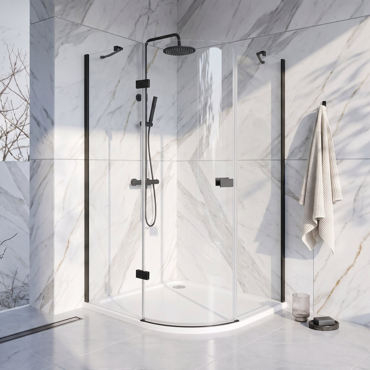 Fairford 8mm Frameless 1200 x 900mm Matt Black Offset Quadrant Enclosure