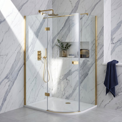 Fairford 8mm Frameless 1200 x 800mm Brushed Brass Offset Quadrant Enclosure