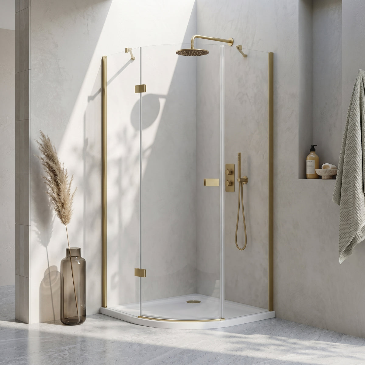 Fairford 8mm Frameless 1200 x 900mm Brushed Brass Offset Quadrant Enclosure