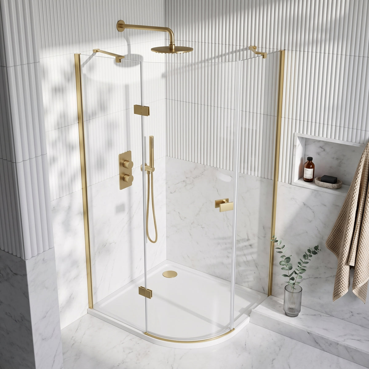 Fairford 8mm Frameless 1200 x 900mm Brushed Brass Offset Quadrant Enclosure