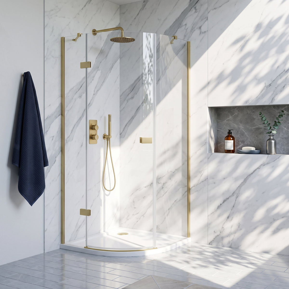 Fairford 8mm Frameless 800 x 800mm Brushed Brass Quadrant Enclosure
