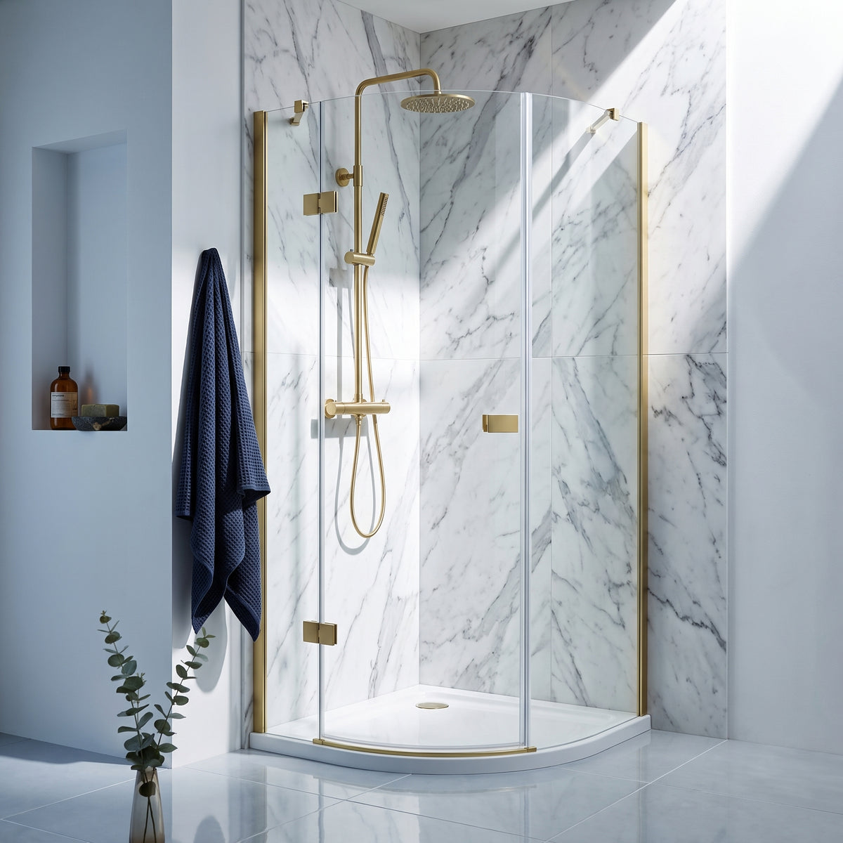 Fairford 8mm Frameless 900 x 900mm Brushed Brass Quadrant Enclosure