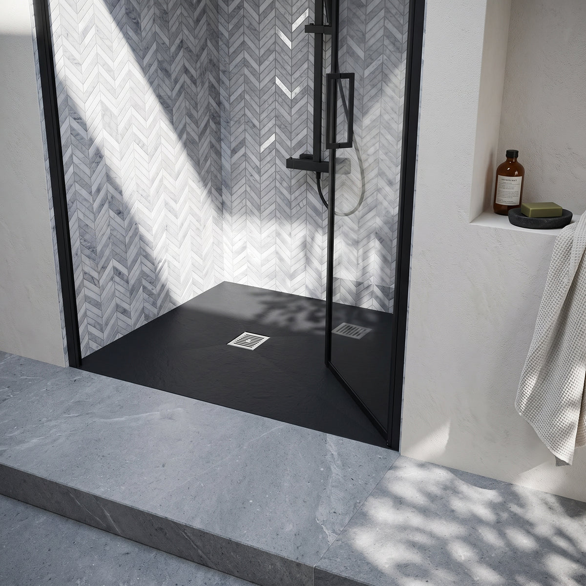 Fairford Rectangular Black Slate Shower Tray, Center Waste-1700mm x 900mm