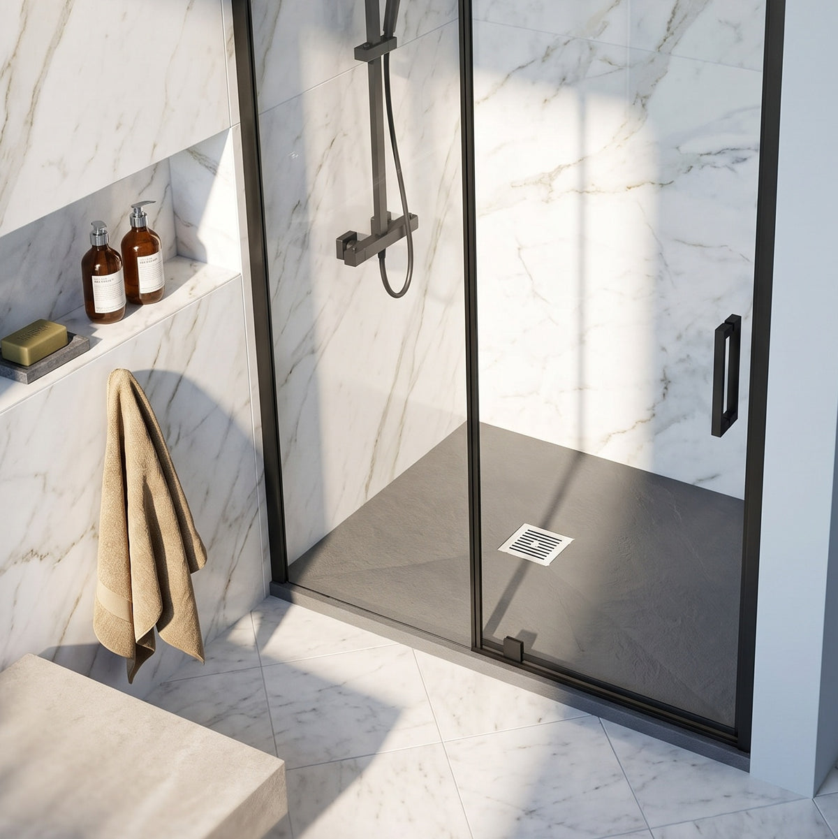 Fairford Rectangular Grey Slate Shower Tray, Center Waste-1200mm x 900mm