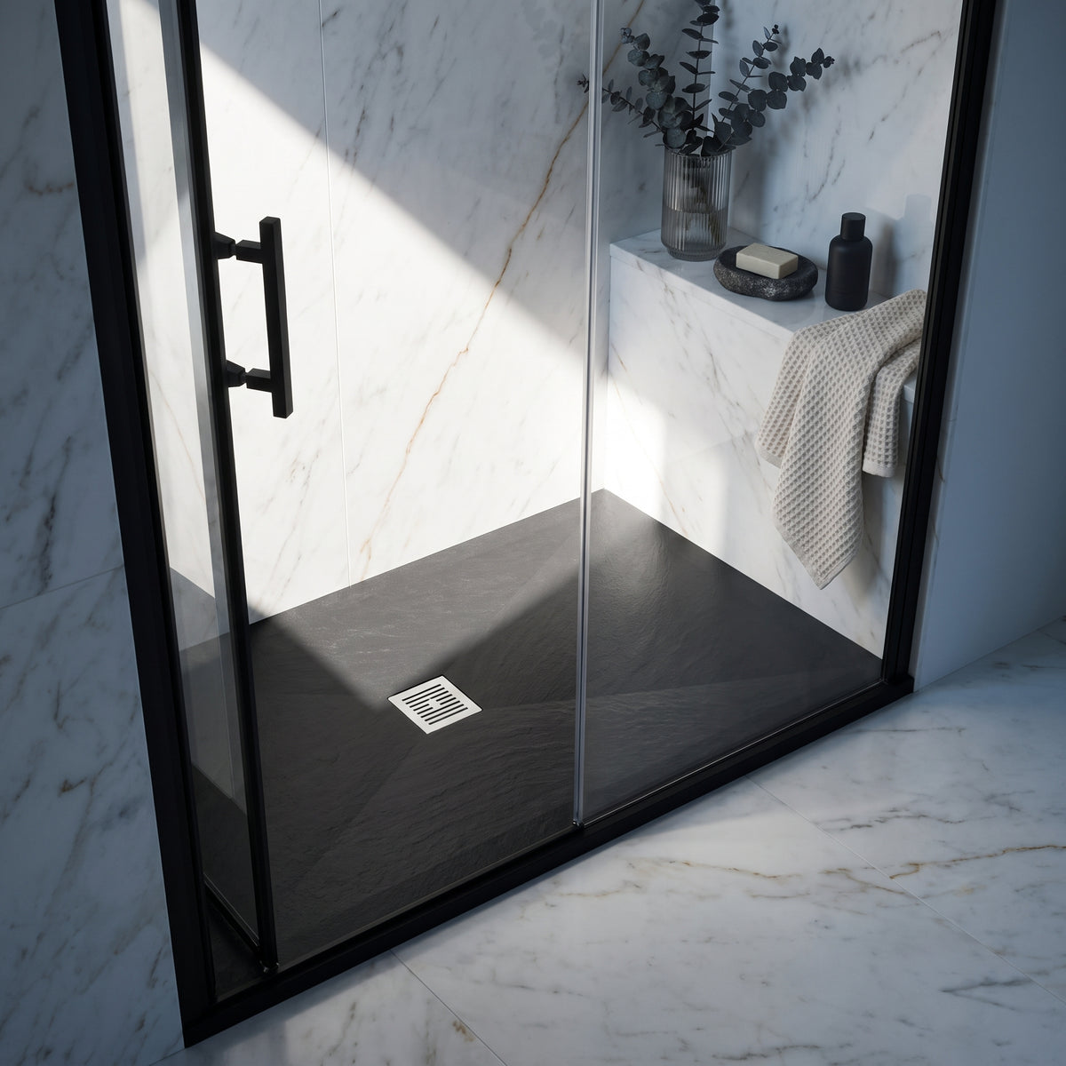 Fairford Rectangular Black Slate Shower Tray, Center Waste-1600mm x 800mm