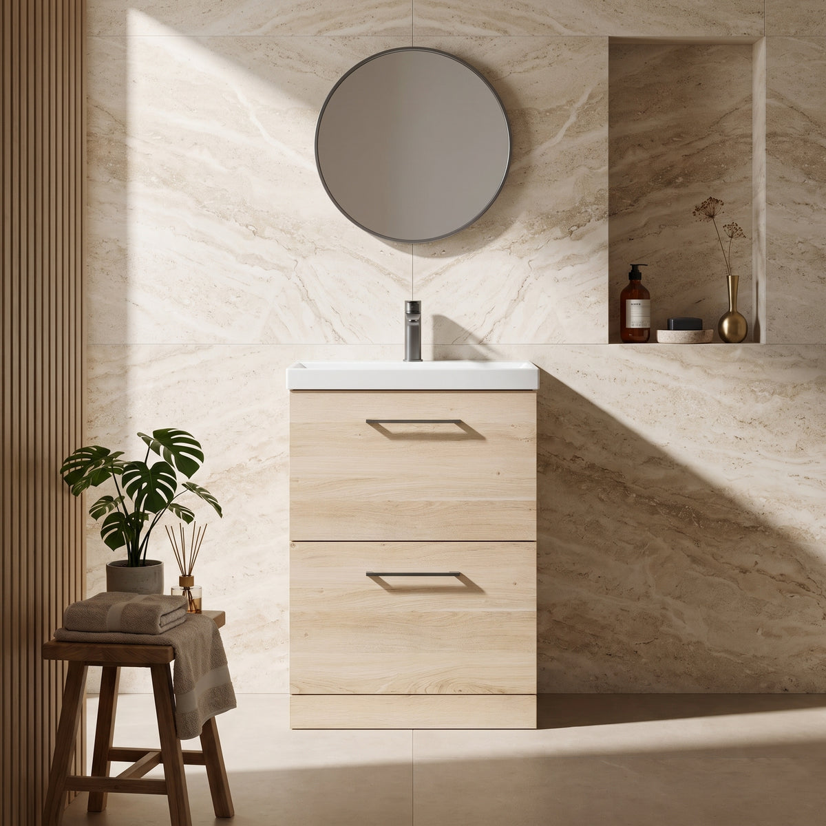 Fairford Aspri Bleached Oak 600mm 2 Drawer Floorstanding Vanity Unit