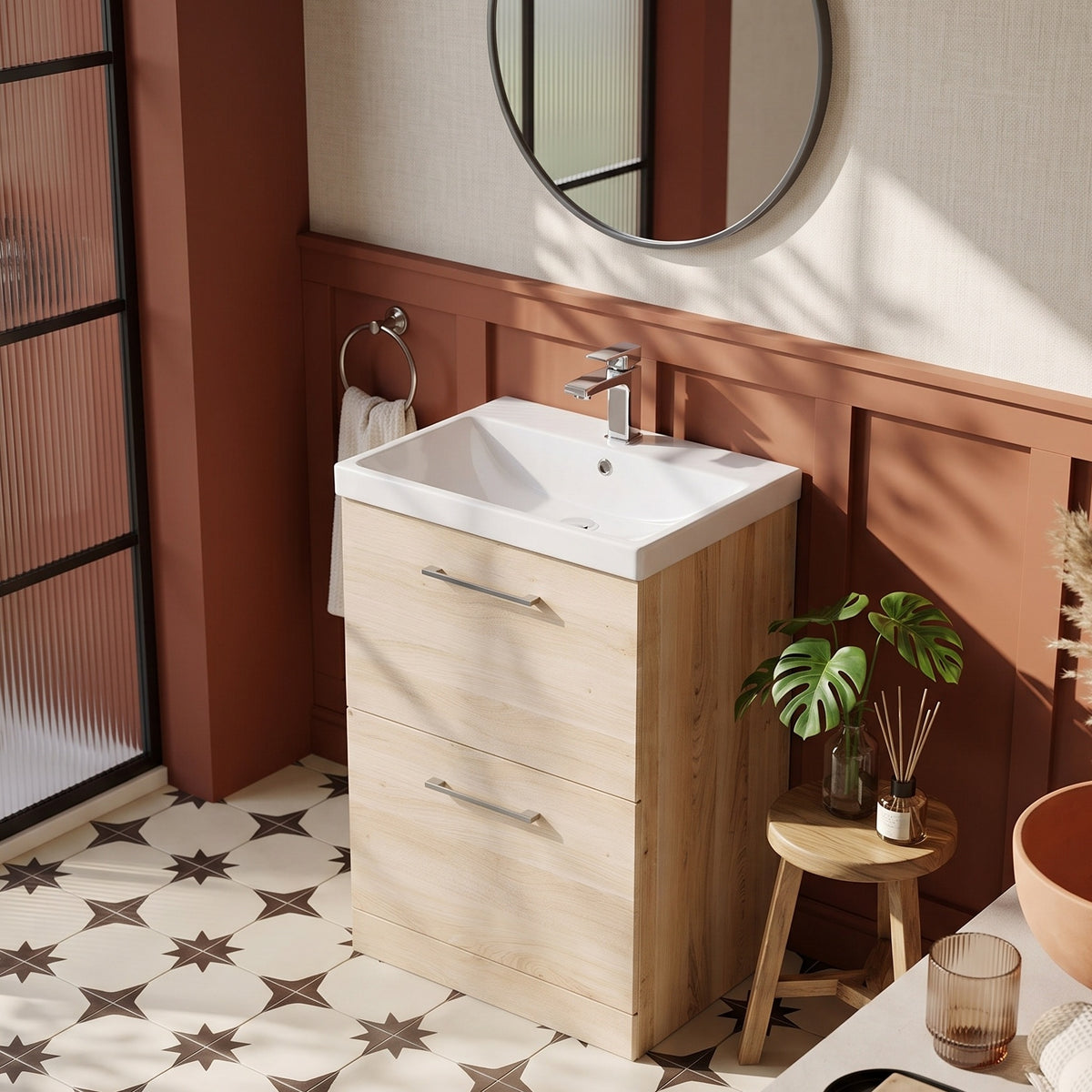 Fairford Aspri Bleached Oak 600mm 2 Drawer Floorstanding Vanity Unit