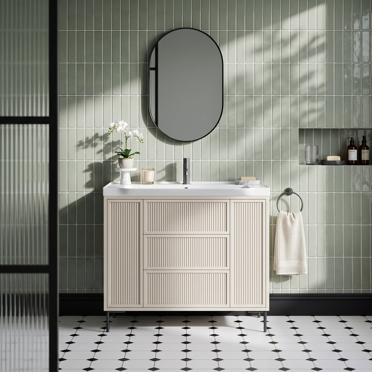 Fairford Elan Fluted Sandstone 1000mm Floorstanding Vanity Unit with Matt Black Legs