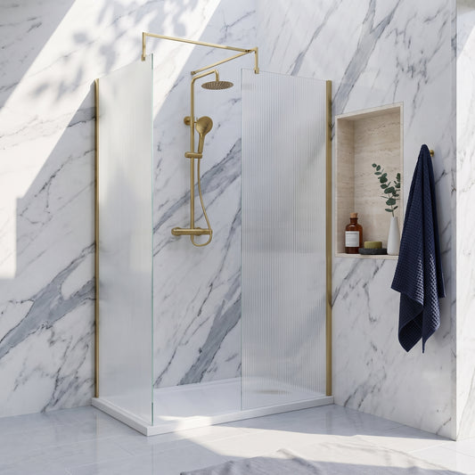 Fairford 1000mm Brushed Brass Fluted 8mm Wetroom Screen - 1850mm High
