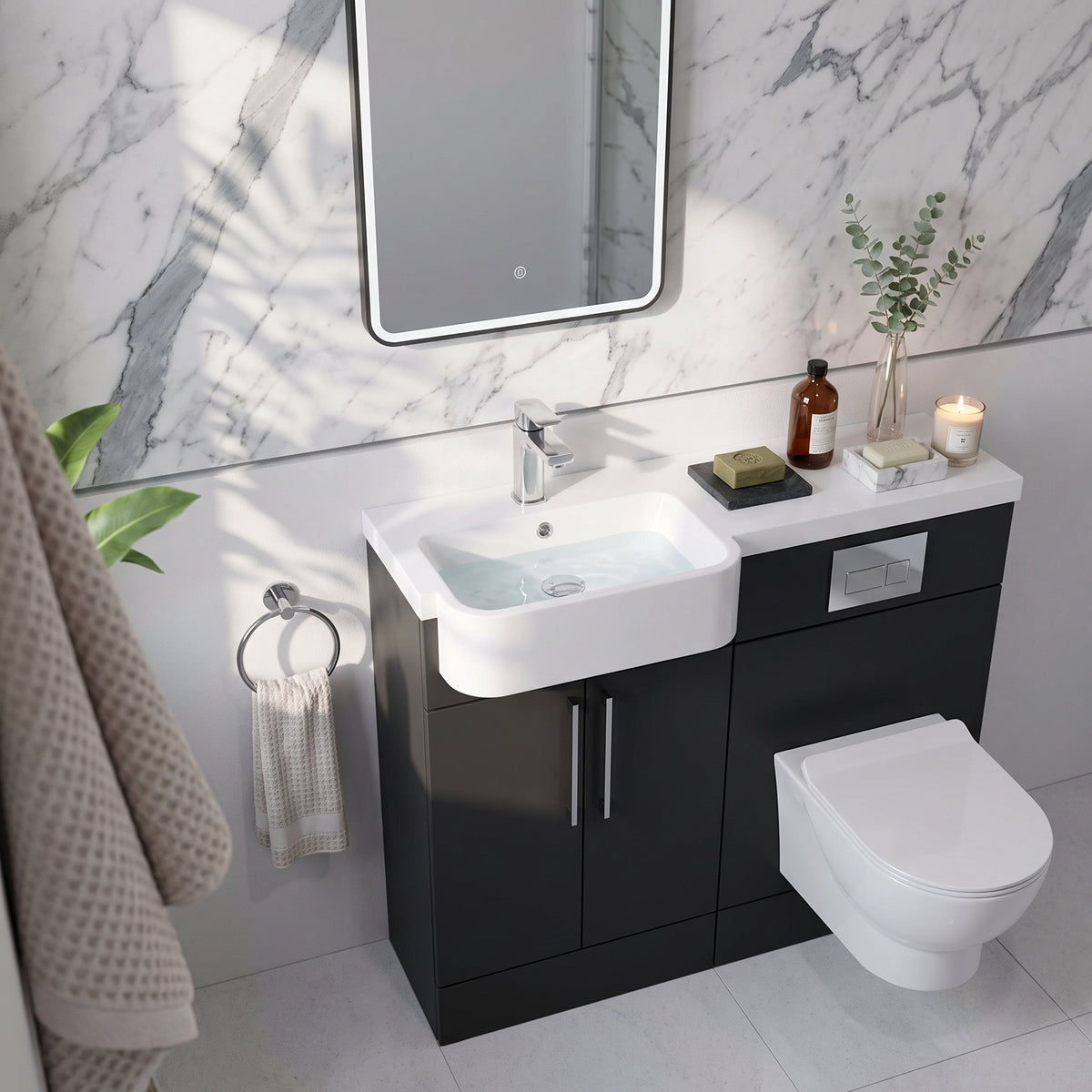 Fairford Union Style Slab Matt Soft Black 1000mm Round Semi Recessed Basin Left Hand Combination Pack